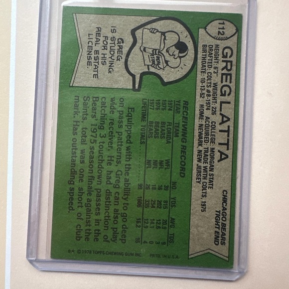1978 Topps Football Card #112 Greg Latta Chicago Bears - Vintage Card - Picture 2 of 2